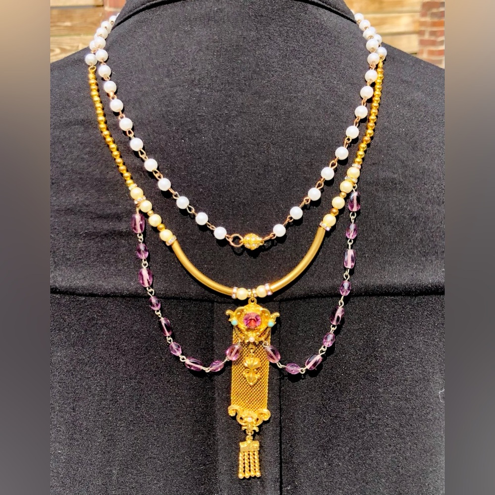 Handcrafted unique watch fob necklace Gold filled fob-amethyst, pearl turquoise - Picture 12 of 12